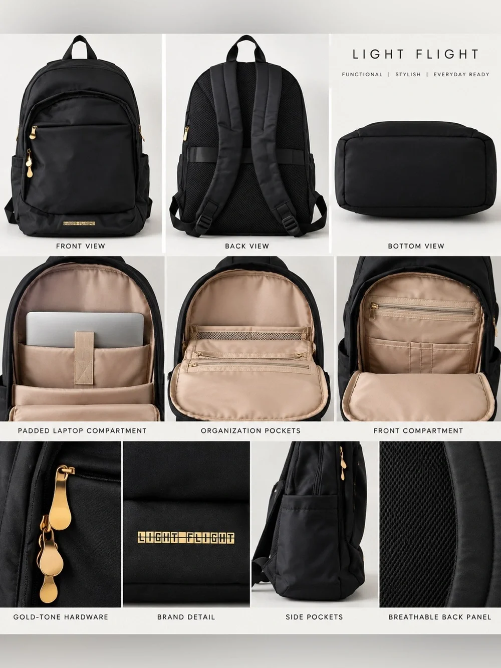 LIGHT FLIGHT Black Laptop Backpack Women’s Work Travel Commuter Bag